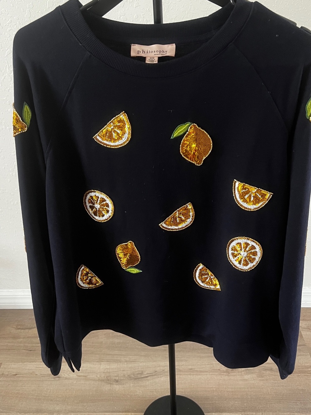 Philosophy Black Sweater with Sequin Lemon Appliqués